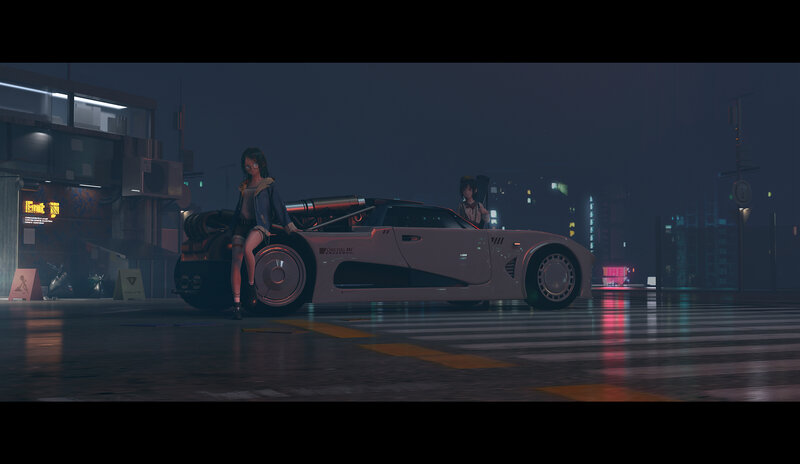Anime Girl with Car — Gray