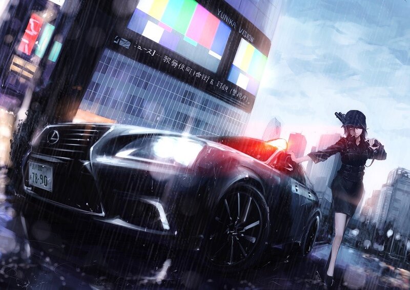 Anime girl with car in rain