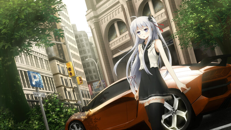 Anime Girl with Car — White, Calm