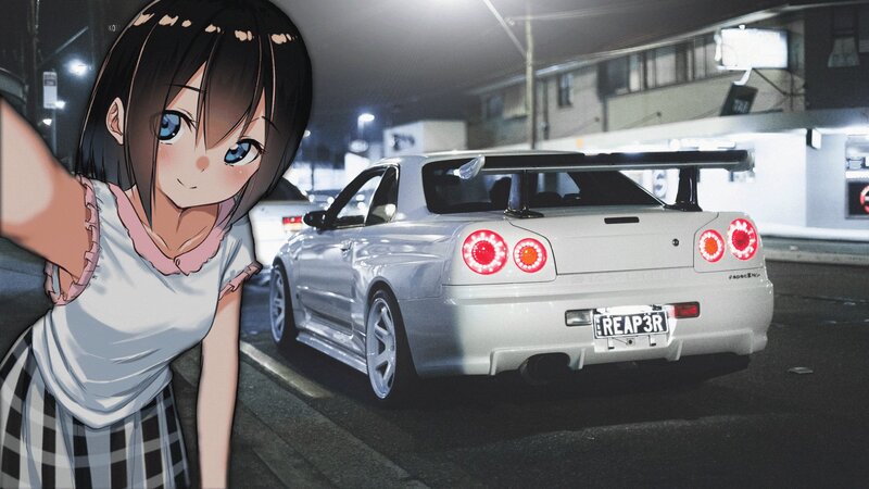 Anime Girl with Car — White, Dramatic, Night, Digital Art, Street