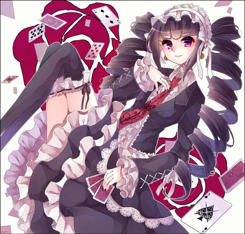 anime girl with cards and rose