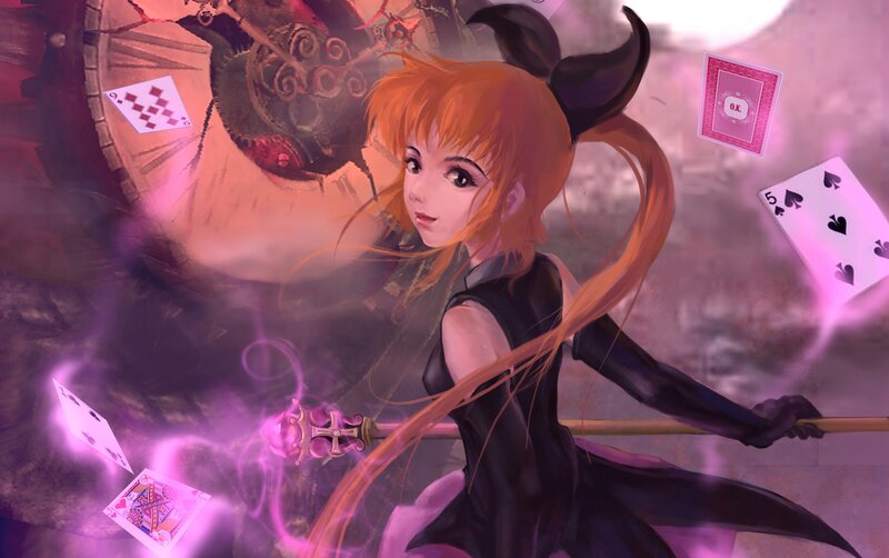 anime girl with cards and staff