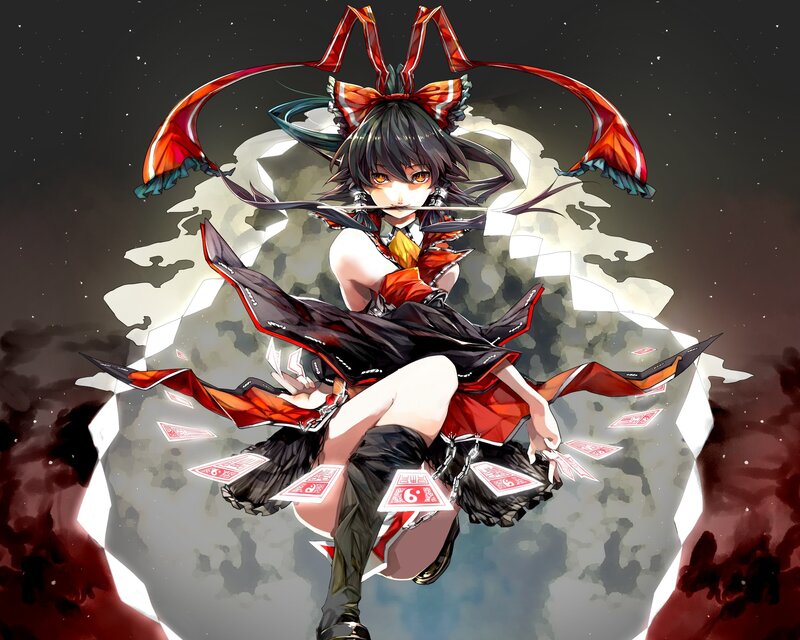 Anime Girl with Cards — Black, Dramatic, Night, Digital Art, Ribbon, Sword