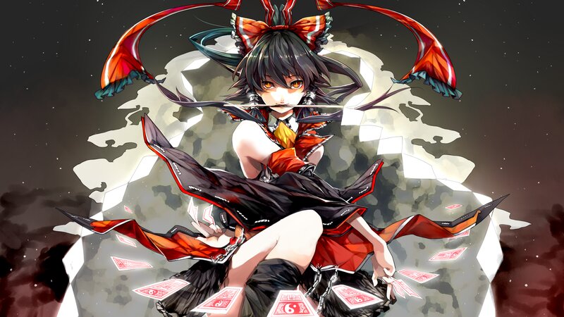 Anime Girl with Cards — Black, Dramatic, Night, Digital Art, Ribbon