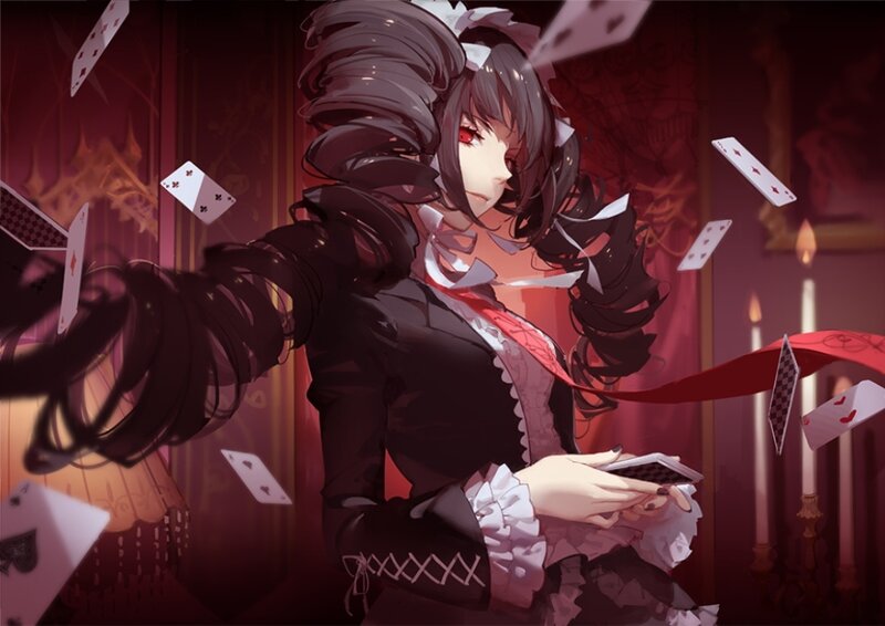 Anime Girl with Cards — Black, Dramatic, Night