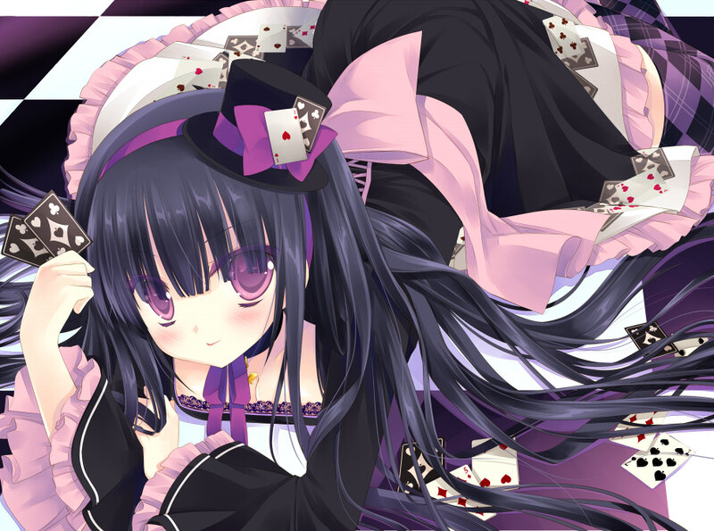 Anime Girl with Cards — Black, Playful