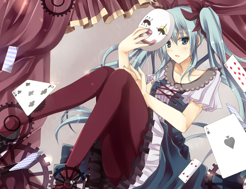 Anime Girl with Cards — Blue, Dramatic, Digital Art, Mask