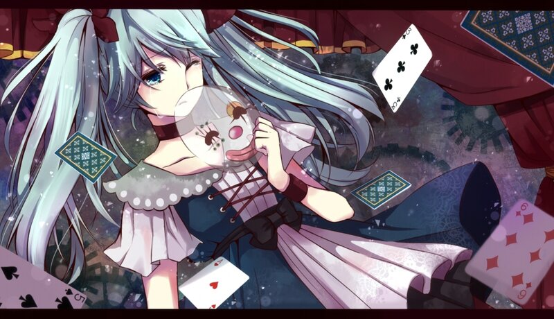 Anime Girl with Cards — Blue, Dramatic, Digital Art