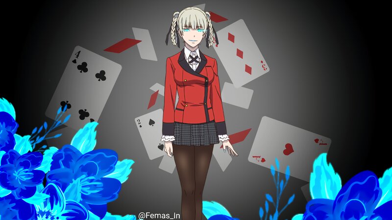 Anime Girl with Cards — Blue, Dramatic, Flowers