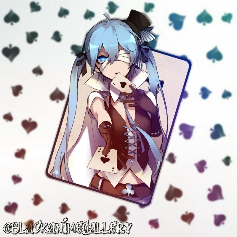 Anime Girl with Cards — Blue, Playful, Digital Art, Top Hat