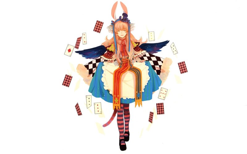 Anime Girl with Cards — Blue, Playful, Digital Art, Wings
