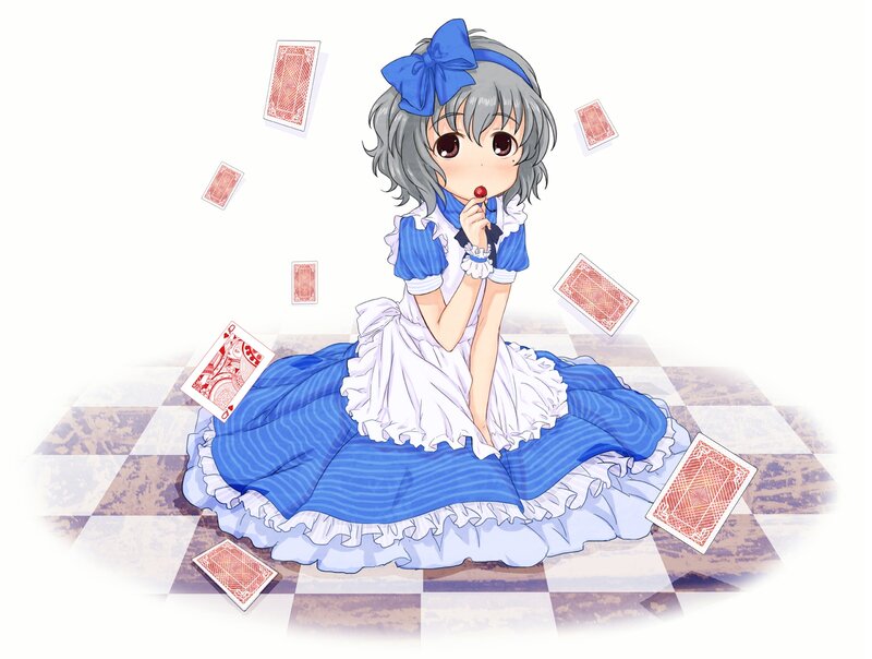 Anime Girl with Cards — Blue, Playful, Lollipop