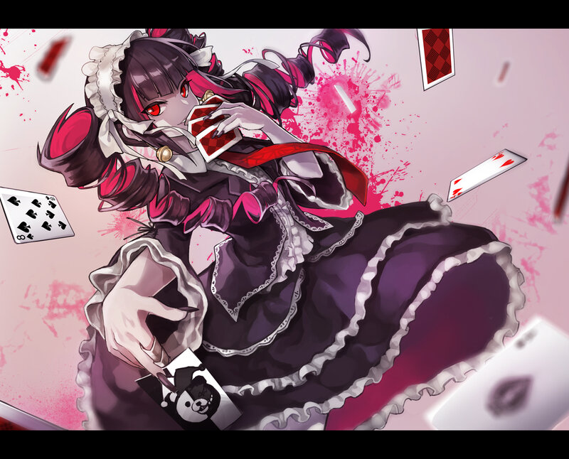 Anime Girl with Cards — Purple, Dramatic, Digital Art, Blood Splatter
