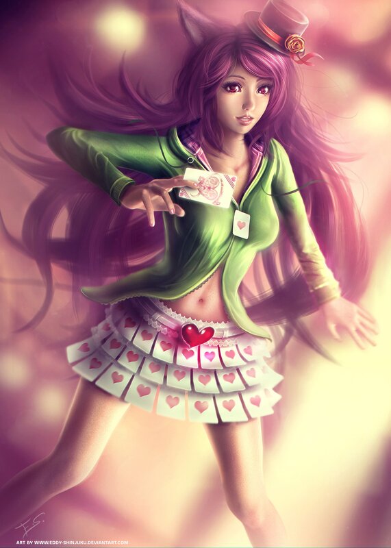 Anime Girl with Cards — Purple, Dramatic, Digital Art, Hat