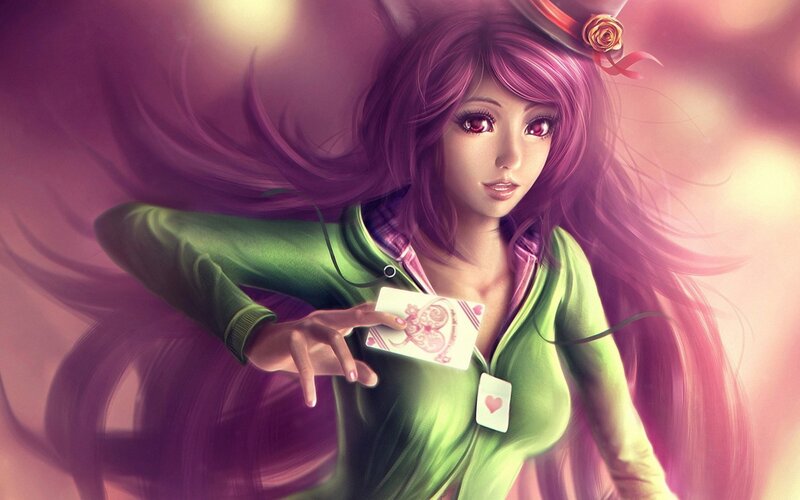 Anime Girl with Cards — Purple, Dramatic, Digital Art