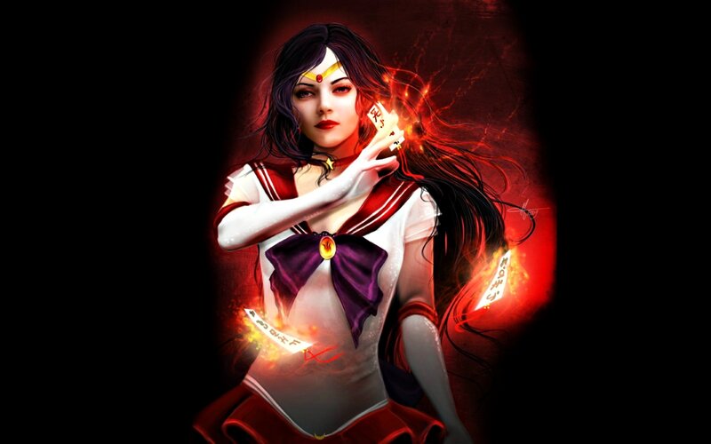 Anime Girl with Cards — Red, Dramatic, Digital Art, Fire