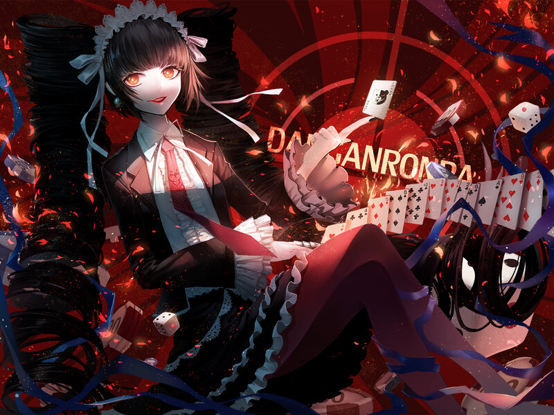Anime Girl with Cards — Red, Dramatic, Digital Art