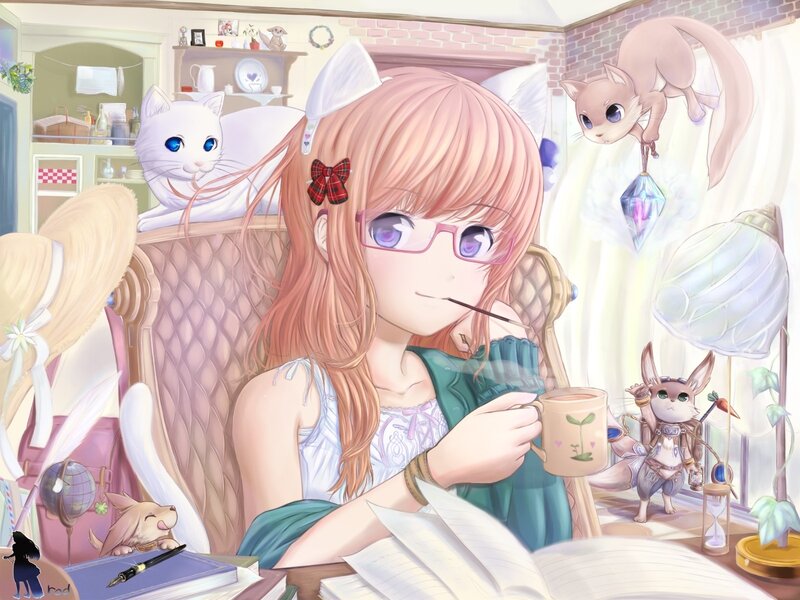 Anime girl with cat and animals