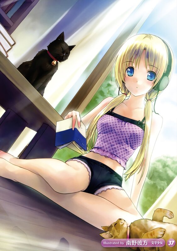 Anime girl with cat and book