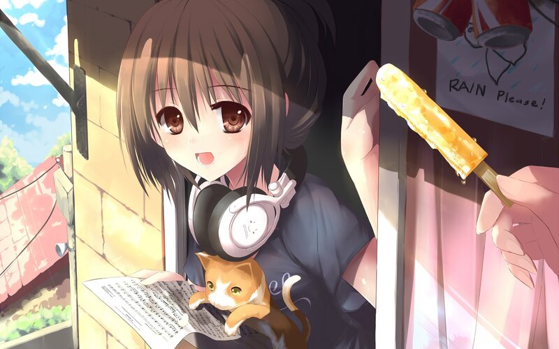 Anime girl with cat and corn dog