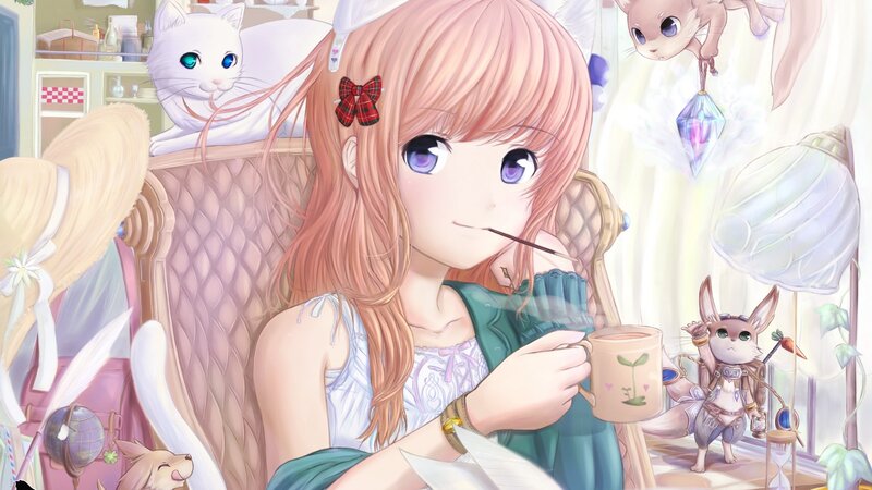 Anime girl with cat and cup