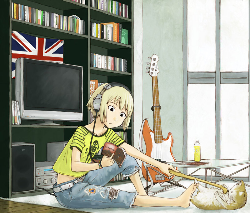 Anime girl with cat and guitar