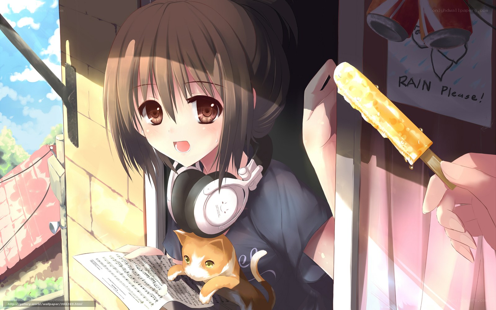 Anime girl with cat and ice cream