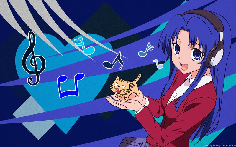 anime girl with cat and music