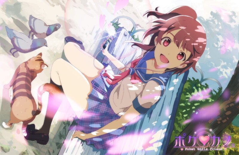 Anime girl with cat and pigeons