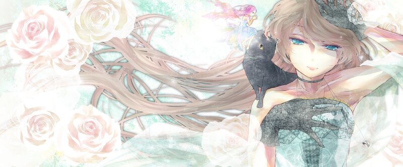 anime girl with cat and roses