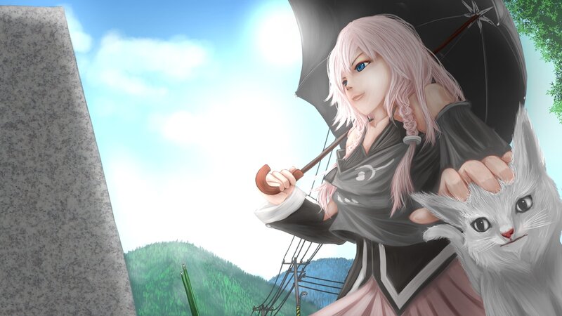 anime girl with cat and umbrella