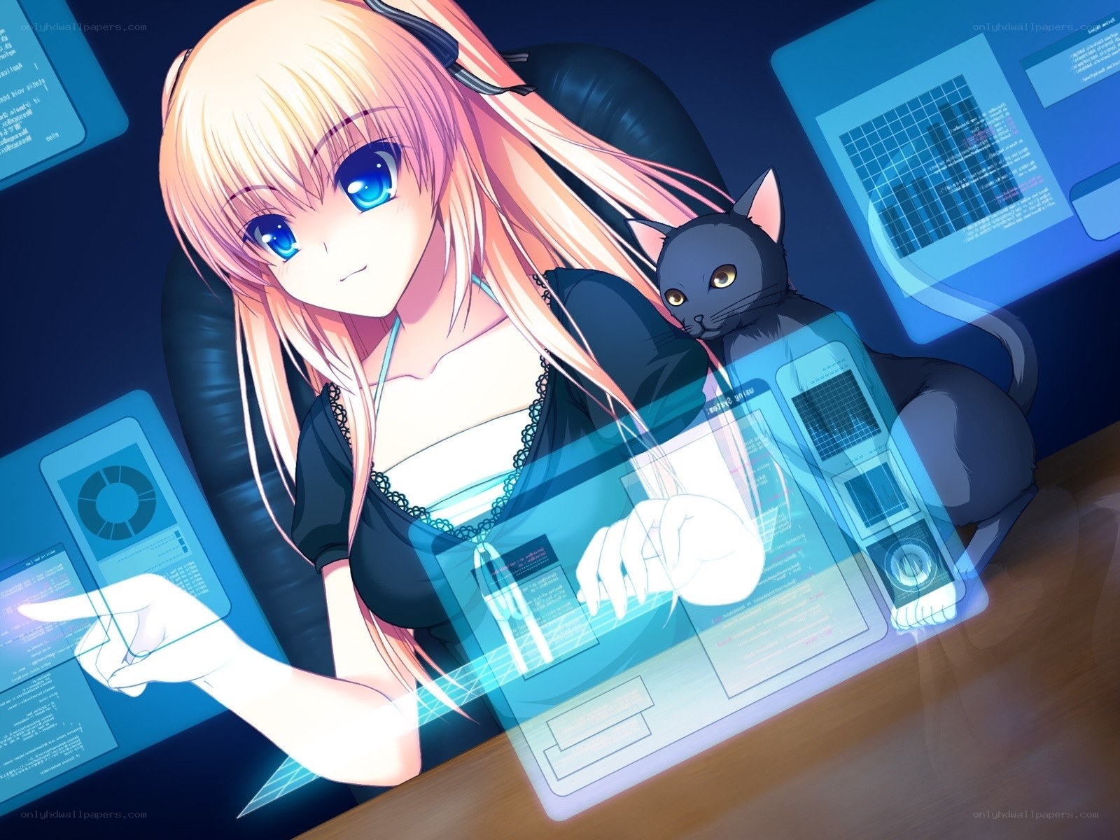 anime girl with cat at computer