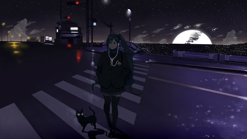 anime girl with cat at night