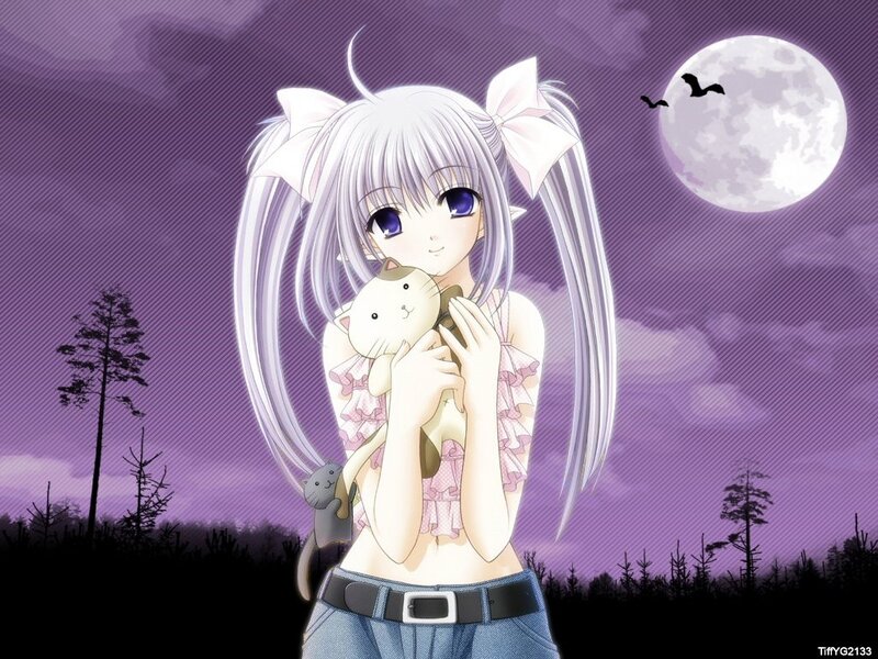 anime girl with cat at night