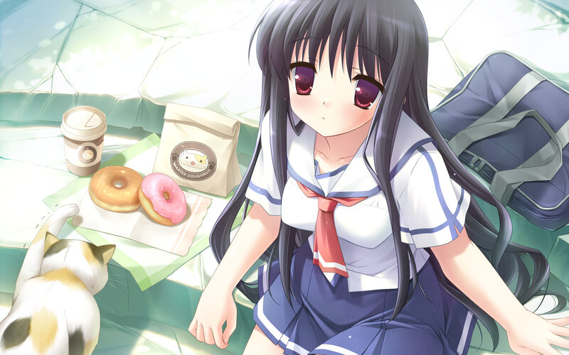 Anime girl with cat at picnic