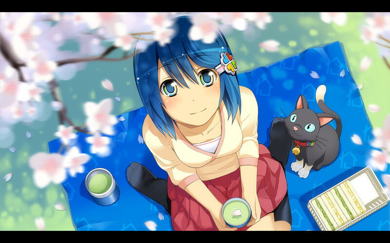 Anime girl with cat at picnic