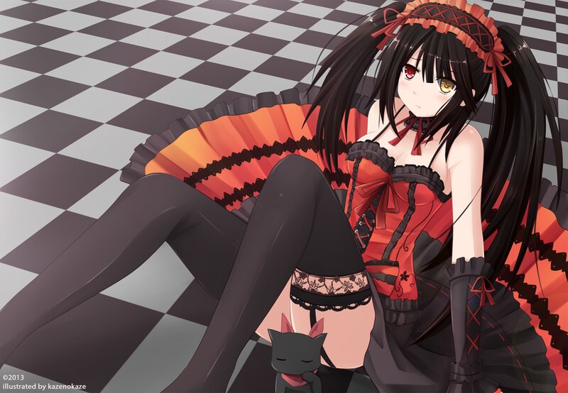 Anime Girl with Cat — Black, Calm, Digital Art, Checkered Floor