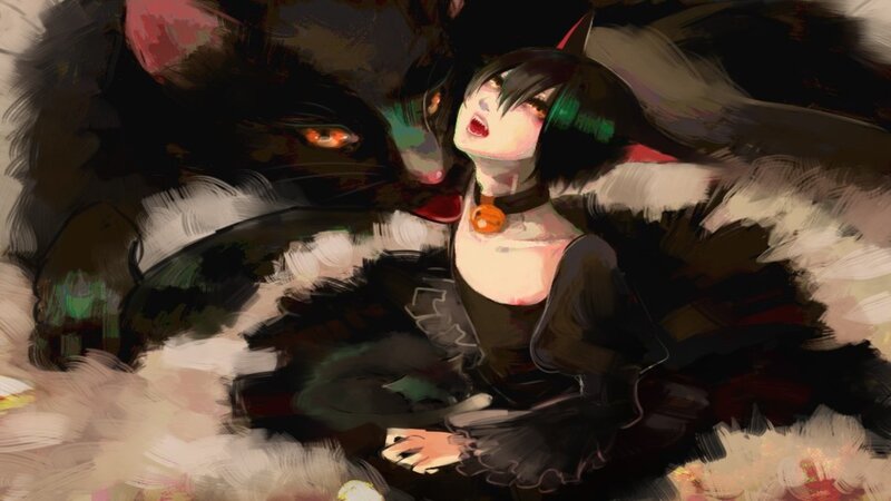 Anime Girl with Cat — Black, Dramatic