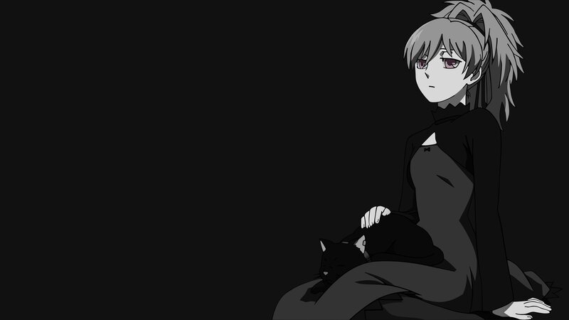 Anime Girl with Cat — Black, Somber