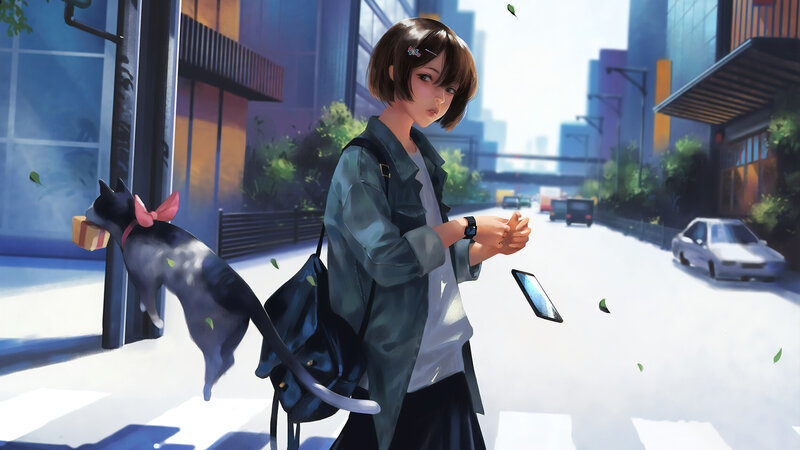 Anime Girl with Cat — Blue, Calm, Afternoon, Digital Art