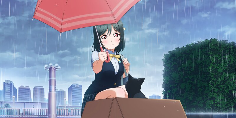 Anime Girl with Cat — Blue, Calm, Afternoon, Umbrella, Rain