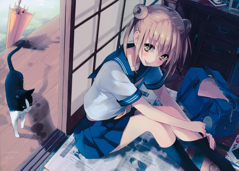 Anime Girl with Cat — Blue, Calm, Afternoon, Umbrella