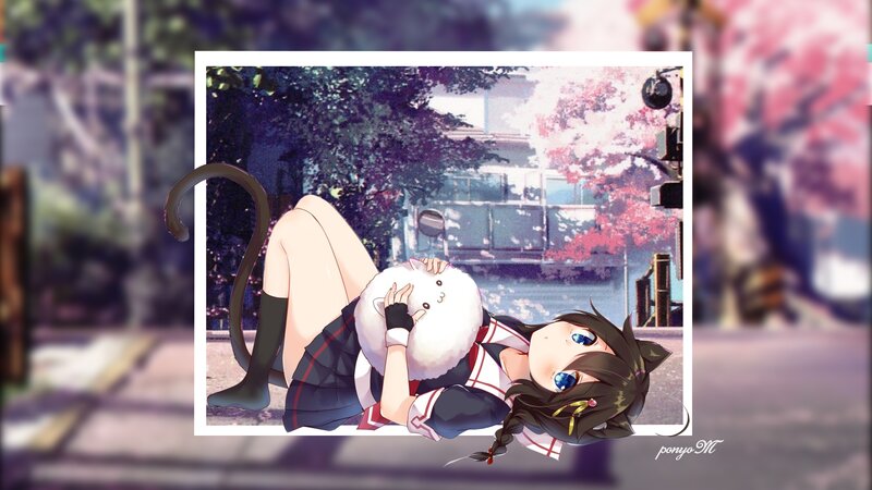 Anime Girl with Cat — Blue, Calm, Spring
