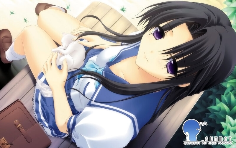 Anime Girl with Cat — Blue, Calm, Summer