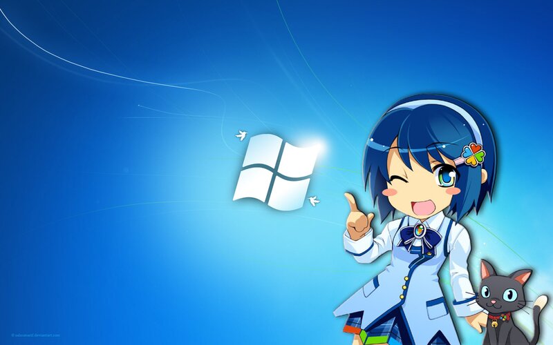 Anime Girl with Cat — Blue, Cheerful, Digital Art, Windows Logo, Bird