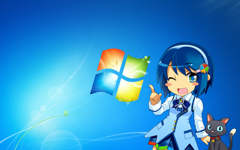 Anime Girl with Cat — Blue, Cheerful, Digital Art, Windows Logo, Flower