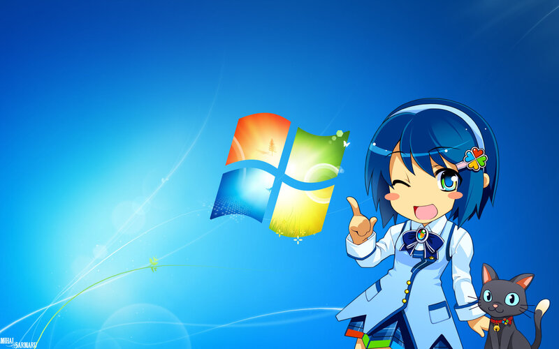 Anime Girl with Cat — Blue, Cheerful, Digital Art, Windows Logo, Headband