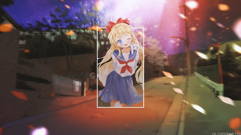Anime Girl with Cat — Blue, Dreamy