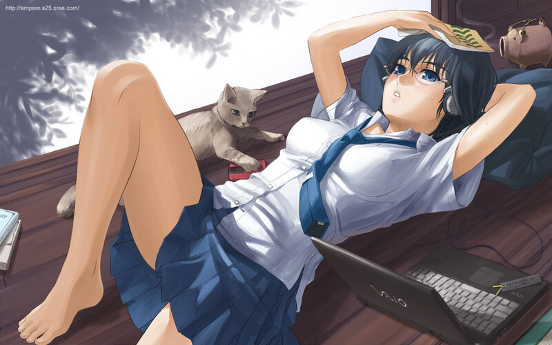 Anime Girl with Cat — Blue, Relaxed, Afternoon, Digital Art