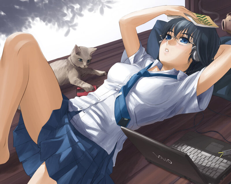 Anime Girl with Cat — Blue, Relaxed